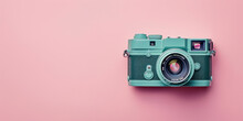Vintage Camera on Pink Background Flat Lay Top View Retro Photography Equipment Still Life Concept
