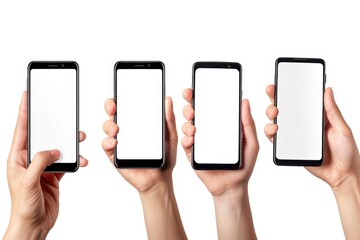 Poster - A group of hands holding up three different cell phones. Ideal for technology and communication concepts