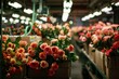 Roses in packaging facility highlighting industry warehouse and distribution in a floral agriculture setting