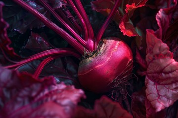 Wall Mural - Fresh organic beetroot surrounded by vibrant leaves showcases healthy natural food