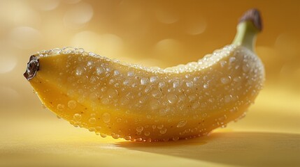 Sticker -  a close up of a banana with drops of water on the top of it and a yellow background behind it.