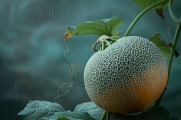 Wall Mural - Cantaloupe melon on vine in garden represents fresh ripe organic agricultural food