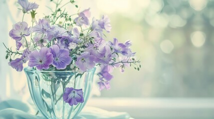 Sticker - Beautiful purple flowers bunch on table glass in summer season. : Photo in vintage style.