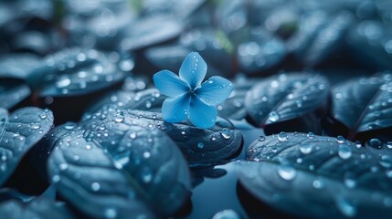 Poster -  a blue flower sitting on top of a pile of blue cupcakes with drops of water on top of them.