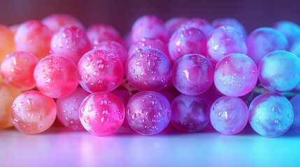 Canvas Print -  a close up of a bunch of jelly beans with water droplets on them, on a blue and pink background.