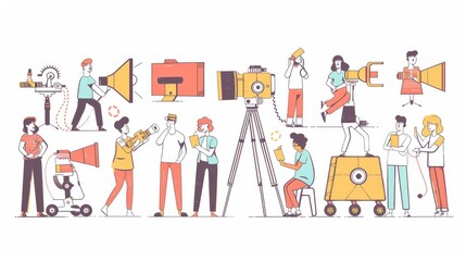 Poster - Filmmaking people and equipment. Flat design style minimal modern illustration.
