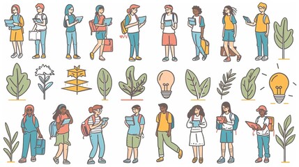 Poster - Set of modern graphics depicting various students on campus. Design style: flat
