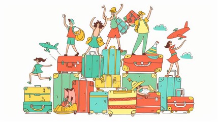 Wall Mural - Travel concept banner poster. Suitcases are piled up and people are having fun. Flat design style minimal modern illustration.