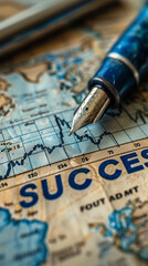 Poster - Pen pointing to a rising graph depicting success, with SUCCESS text, symbolizing goal achievement, business growth, and performance metrics on paper