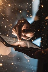 Poster - Image of a person holding a tablet with numerous dots on the screen. Suitable for technology and data analysis concepts