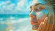 A serene woman with her face artistically adorned with colorful sunscreen against a luminous backdrop of sea and sky, embodying the fusion of sun protection and summer beauty.