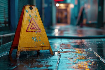 Wet sidewalk with caution sign, suitable for safety and warning concepts