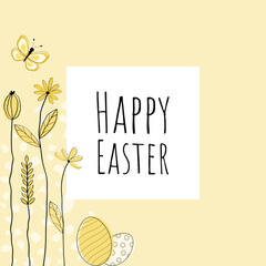 Poster - Happy Easter - Schriftzug in englischer Sprache - Fröhliche Ostern. Quadratische Karte in hellen Gelbtönen mit Ostereiern, Blumen und Schmetterling auf einem Rahmen.