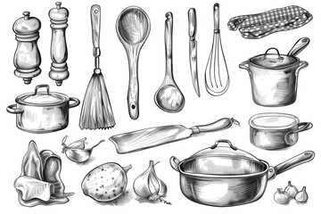  A variety of kitchen and cooking utensils, perfect for culinary designs