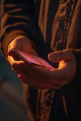 Poster - Close up of a person holding a cell phone, suitable for technology concepts
