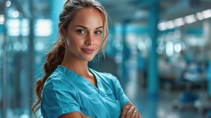 Wall Mural - Woman in Blue Shirt Posing