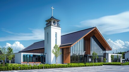 Poster - A picturesque church with a steeple and clock tower, suitable for various projects