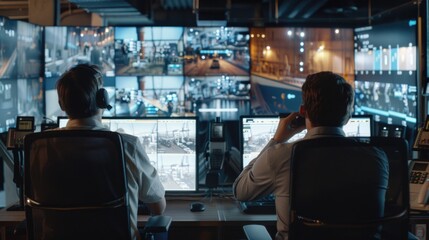 Poster - Two men sitting in front of multiple monitors. Perfect for tech or office concepts