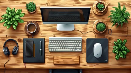 Fototapete - On a wooden desk is a computer, stationery, a coffee cup, and some plants. A modern cartoon flat lay of the workspace includes a monitor, keyboard, mobile phone, note book, and headphones.