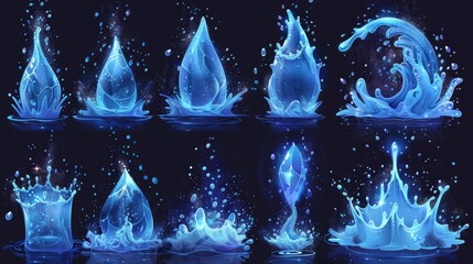 Poster - Isolated modern cartoon set of blue water motion effects, flows, streams, spills and crown shape.