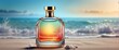 plain bright beach background with beautiful glass for womens perfume bottle with smoke fog and copyspace banner template from Generative AI