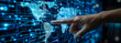 © Nathasa - Hand pointing to the world map hologram with internet data connected to the global network.