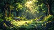 Modern illustration of a cartoon forest background with deciduous trees, moss on rocks, grass, bushes, and sunlight spots in the foreground. The scene is a summer or spring woodland parallax natural