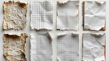 Poster - The edges of notebook pages are torn. Sheets of ripped paper with square grids and striped patterns. Old blank notepads and copybooks with torn edges. Modern illustration.