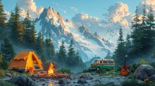 This Modern Landscape Illustrates A Summer Camp With A Bonfire, Tent, Van, Backpack, Chair, And Guitar In A Mountainous Forest. The Equipment Can Be Used For Hiking, Camping, And Activities.