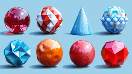 Poster - The 3D shapes include a hemisphere, an octahedron, a sphere and torus, a cone, a cylinder and a pyramid, all with an icosahedron in the center. These figures are essential for geometry education,