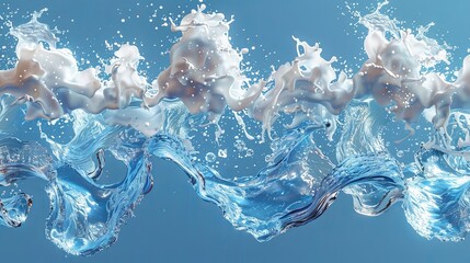 Wall Mural - A modern realistic set of flowing and falling pure aqua liquid splashes isolated on a transparent background. Blue liquid waves with swirls and drops.