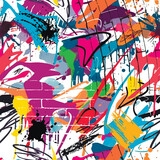 Fototapeta  - Graffiti style colorful hand drawn dirty doodles seamless pattern. White vector background with doodle lines, brush strokes, splashes, splatter. Trendy repeat bright backdrop. Modern drawing graffiti