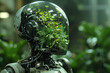 A portrait of a robot with a glass head, revealing a lush, miniature garden growing inside