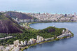Panorama view on Rio de Janeiro, Sugar Loaf and Botafogo bay in Atlantic ocean, viewed from Corcovado mountain. Brazil.	
