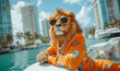 Lion in glasses is resting on a yacht. Big boss, vacation, business concept.