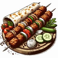 Sticker - illustration of doner kebab with vegetables and meat on the white background