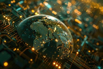 Poster - Close up of a globe on a circuit board. Ideal for technology concepts