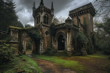 Wall Mural - Decaying Abandoned ancient castle. Creepy villa. Generate Ai