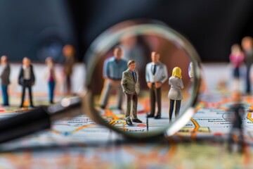 Poster - Miniature people exploring map with magnifying glass, suitable for travel concepts