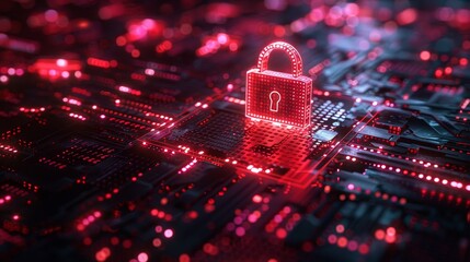 Wall Mural - Closeup digital illustration of cyber security concept featuring red padlock