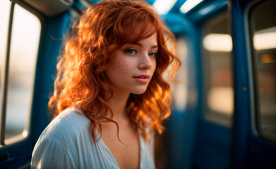 Summer portrait, beautiful freckled young red-haired woman, against bokeh background