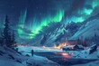 Northern lights viewing in Iceland, snowy landscape, Rustic lodge under auroral spectacle, snow-covered banks and evergreens bathed in aurora's luminescent ballet