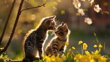 Fototapeta  - Randka pary kociąt, romantyczna scena. Kocięta są małe i słabe, ale wyglądają na przyjaciół. Podziwiają siebie nawzajem w wiosennej scenerii.