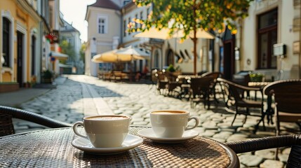 Wall Mural - Cup of coffee on cafe table and city town street wallpaper background