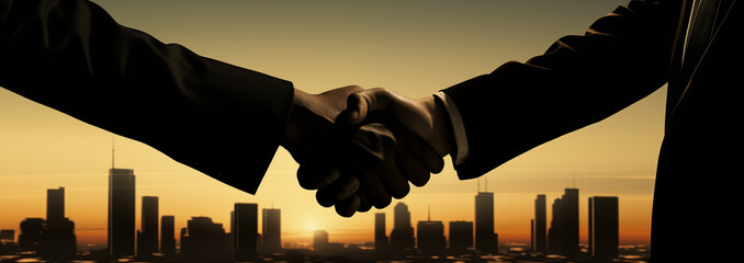 Wall Mural - Business handshake after a good deal with the city downtown in the background.