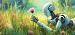 robot dalle sembianze umanoidi sdraiato in un prato che osserva un fiore