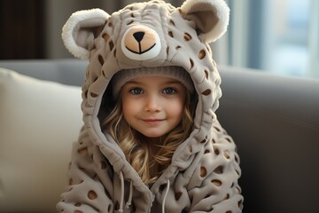 Wall Mural - a kid in a bear doll outfit on white living room background