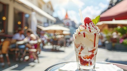 Ice cream in glass cup standing on street cafe table wallpaper background