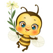 Cute cartoon baby bee with flower isolated on a white background