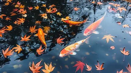 Sticker - Vivid orange and white koi fish glide through water dotted with floating autumn maple leaves, creating a peaceful and meditative scene.